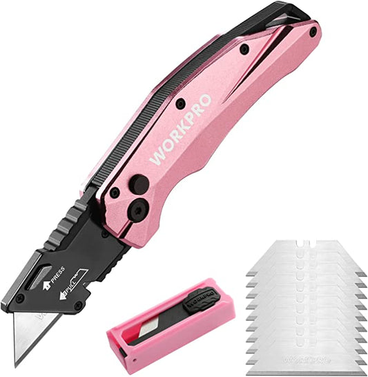 WORKPRO - #B09MQC1Q4F Folding Utility Knife, Quick Change SK5 Box Cutter, Pink Razor Knife