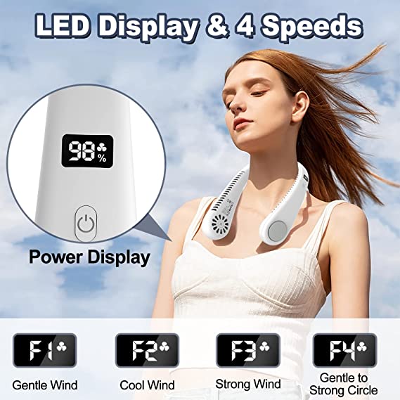 Personal Neck Fan, Portable Bladeless Quiet Fan with 4 Speeds, Rechargeable, LED Display