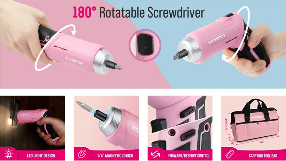 WORKPRO - #W009143 - 53pc Pink Tool Set with 3.7V Rotatable Cordless Screwdriver