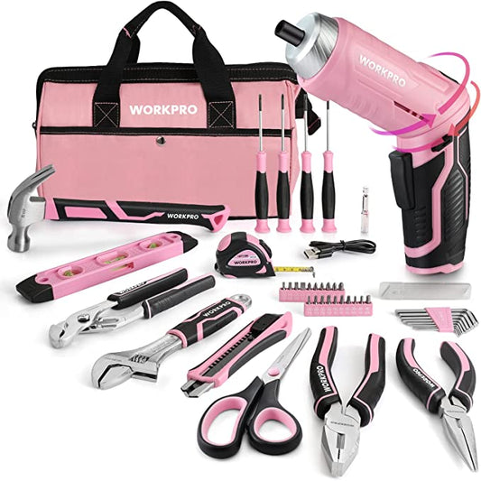 WORKPRO - #W009143 - 53pc Pink Tool Set with 3.7V Rotatable Cordless Screwdriver