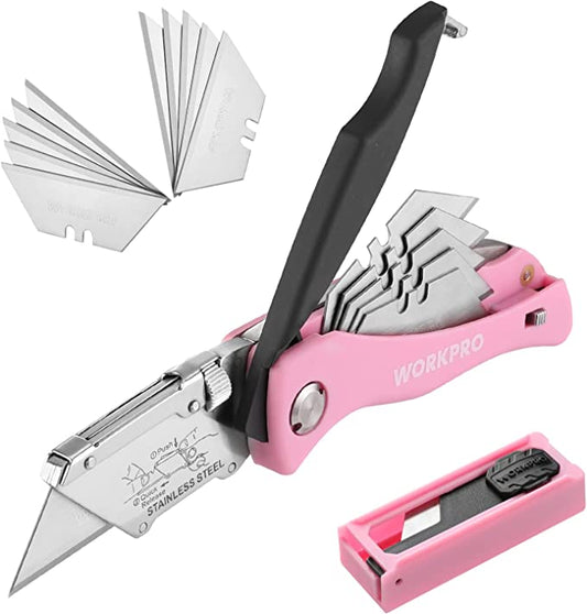 WORKPRO - #B09DFGX7D7 Folding Utility Knife, Quick Change Box Cutter, Pink Razor Knife for Cartons, Cardboard, Boxes with Blade Storage Design, Extra 15 Blades Included
