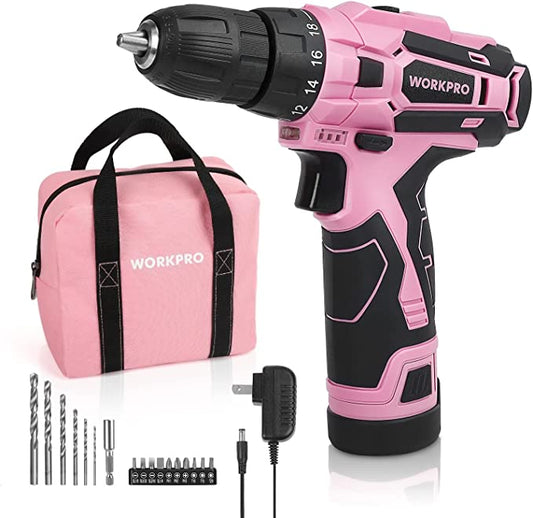 WORKPRO - #B088BBWHKV  Pink Cordless Drill Driver Set, 12V Electric Screwdriver Driver Tool Kit, 3/8" Keyless Chuck, Charger and Storage Bag Included
