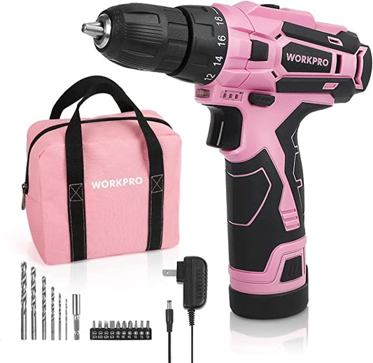 WORKPRO - #B088BBWHKV Pink or Green Cordless Drill Driver Set, 12V Electric Screwdriver Driver Tool Kit, 3/8" Keyless Chuck, Charger and Storage Bag Included