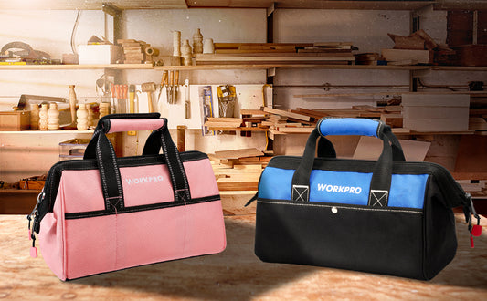 WORKPRO - #W081103A 13-Inch Tool Bag, Pink (or Blue) Soft Cloth Tool Storage Bags, Wide Mouth Tool Tote Bag with Inside Pockets