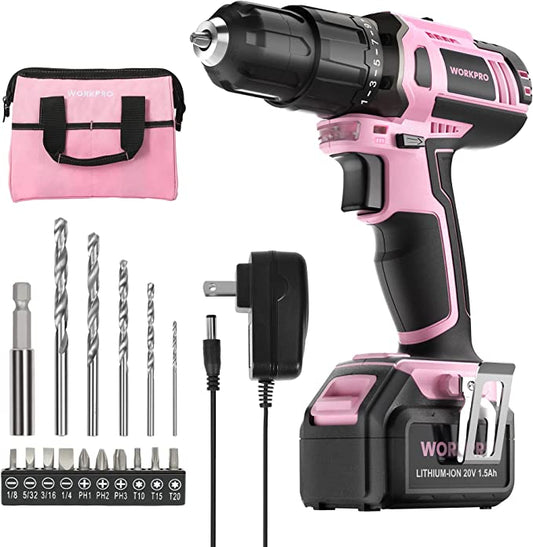 WORKPRO - #W004532A Pink Cordless 20V Lithium-ion Drill Driver Set, 1 Battery, Charger and Storage Bag Included - Pink Ribbon