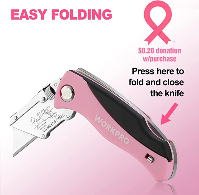 WORKPRO - #B09DFGX7D7 Folding Utility Knife, Quick Change Box Cutter, Pink Razor Knife for Cartons, Cardboard, Boxes with Blade Storage Design, Extra 15 Blades Included