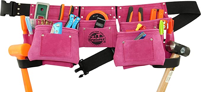 Graintex - #DS1118 8 Pocket Pin - k Tool Belt in Suede Leather with 2” Webbing Belt, 2 Leather Hammer Holders Loops