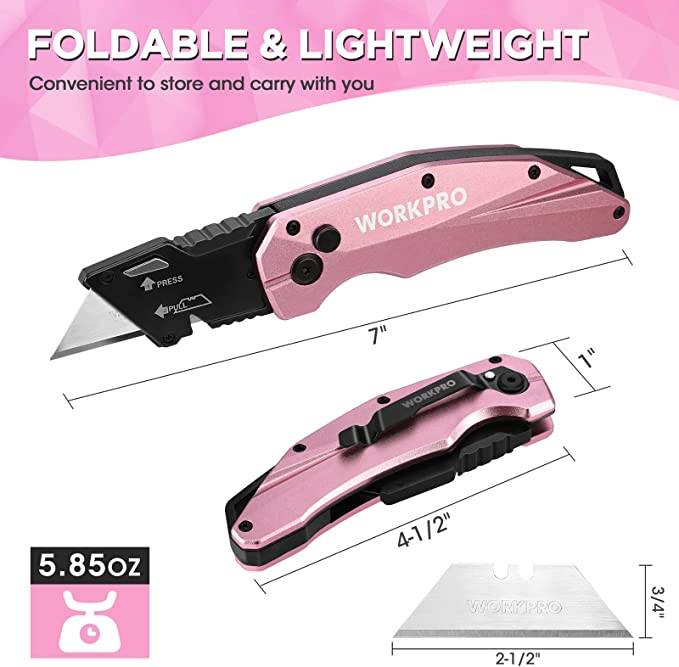WORKPRO - #B09MQC1Q4F Folding Utility Knife, Quick Change SK5 Box Cutter, Pink Razor Knife