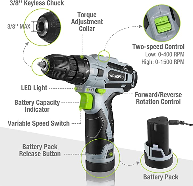 20V Cordless Drill Driver 2 Batteries and Charger 3/8 in Keyless Chuck