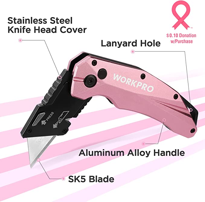 WORKPRO - #B09MQC1Q4F Folding Utility Knife, Quick Change SK5 Box Cutter, Pink Razor Knife