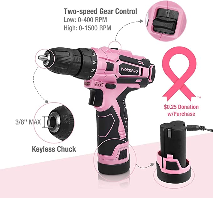 WORKPRO - #B088BBWHKV  Pink Cordless Drill Driver Set, 12V Electric Screwdriver Driver Tool Kit, 3/8