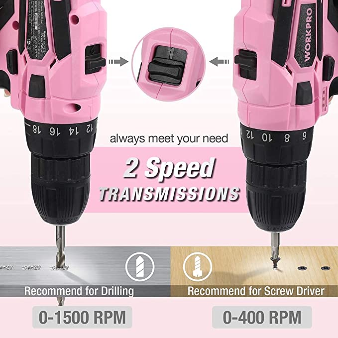 WORKPRO - #B088BBWHKV  Pink or Green Cordless Drill Driver Set, 12V Electric Screwdriver Driver Tool Kit, 3/8