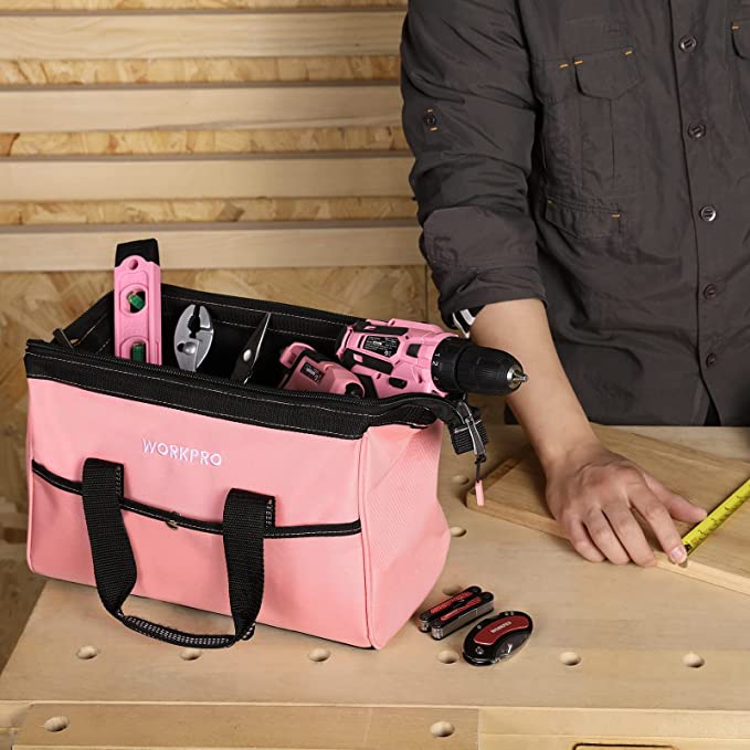 WORKPRO - #‎W081103A 13-Inch Tool Bag, Pink (or Blue) Soft Cloth Tool Storage Bags, Wide Mouth Tool Tote Bag with Inside Pockets