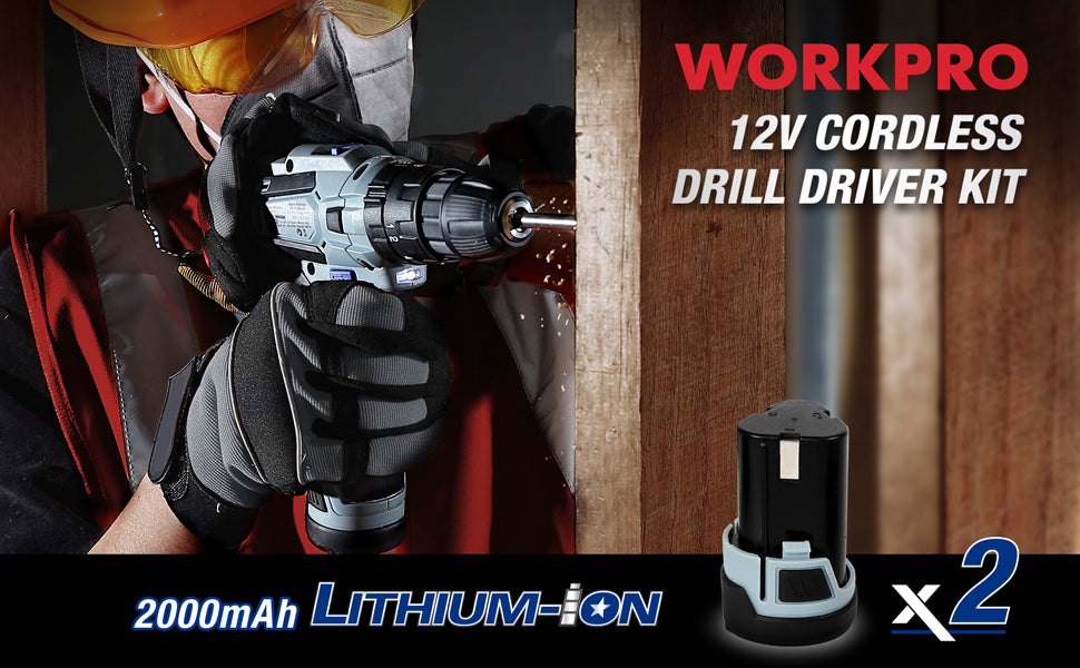 WORKPRO - #‎W004548A 12V Cordless Drill Driver Kit, 2-Speed, 2 Li-Ion Batteries 2000 mAh, Fast Charger, 3/8'' Clutch, 18+3 Torque Setting, 34 pcs Drill/Driver Bits Included