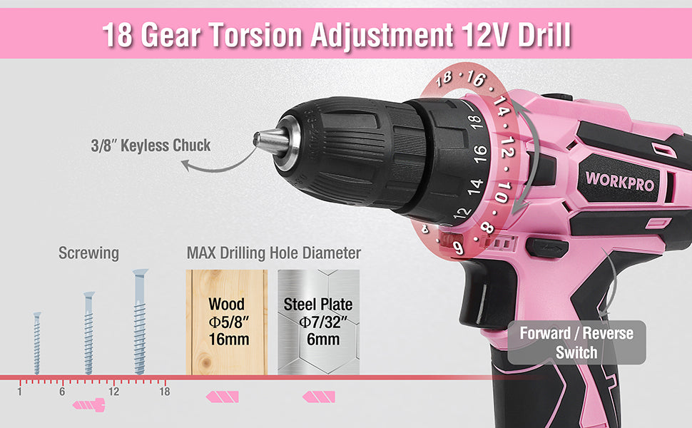 WORKPRO - #B088BBWHKV  Pink or Green Cordless Drill Driver Set, 12V Electric Screwdriver Driver Tool Kit, 3/8