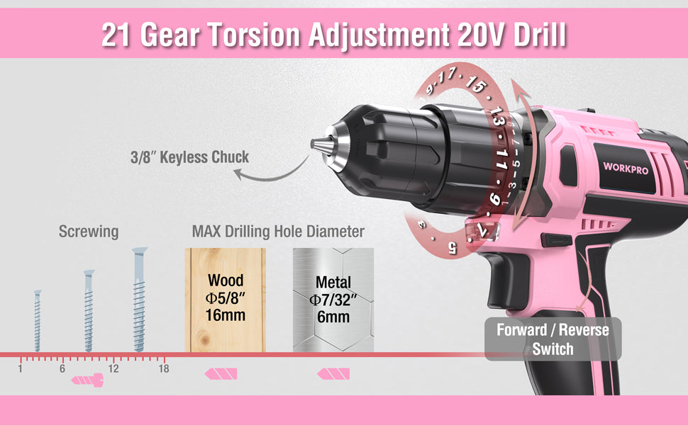 WORKPRO Pink 12V Cordless Drill Driver Set - 3/8 Keyless Chuck With Storage Bag & Accessories