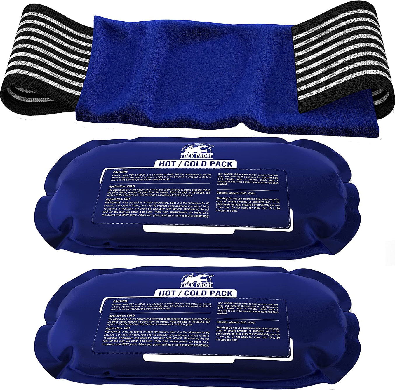 Trek Proof  -  Reusable Hot and Cold Therapy Ice Pack,  3-Piece Set,  Non Toxic Gel Wrap Support Injury Recovery, Alleviate Joint and Muscle Pain – Rotator Cuff, Knees, Back, headache relief and more
