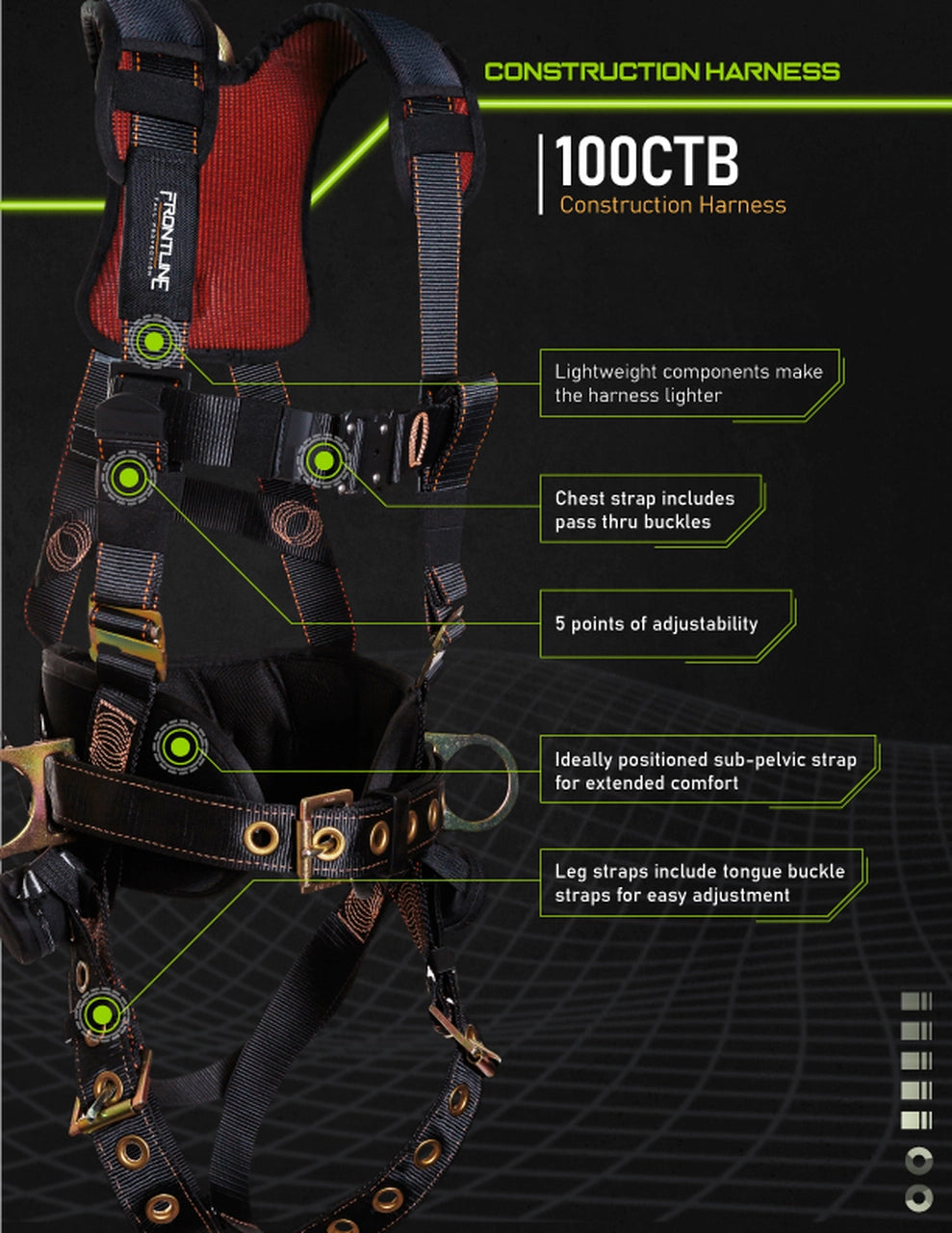 FRONTLINE - 100CTB Construction Full Body Harness with Tongue Buckle Legs and Trauma Straps - 100CTB-S