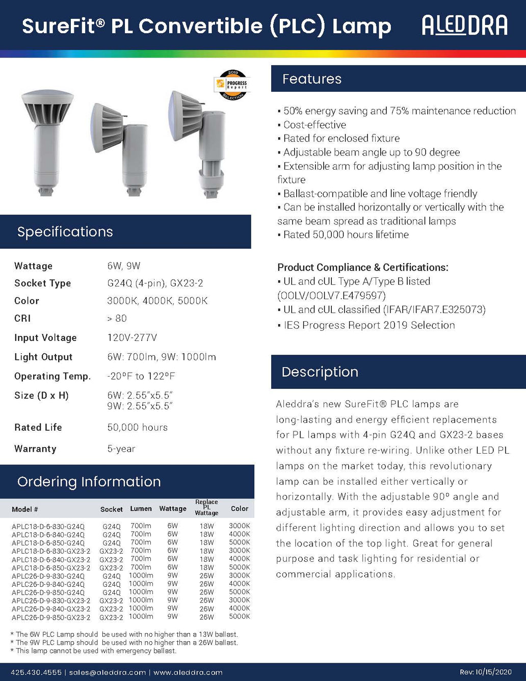 Aleddra - SureFit® PL Convertible (PLC) Lamp - 9W 3000K 4000K or 5000K CCT - 1000lm - APLC26-D-9-8XX-G24Q