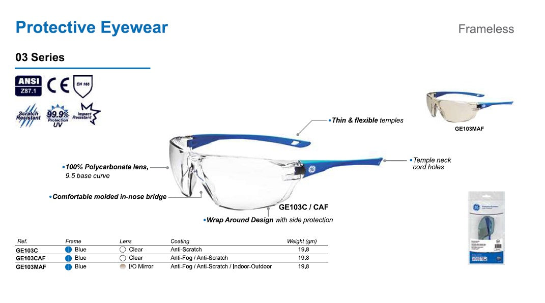 GE PPE - Protective Eyewear - 03 Series Safety Glasses - Frameless #GE103