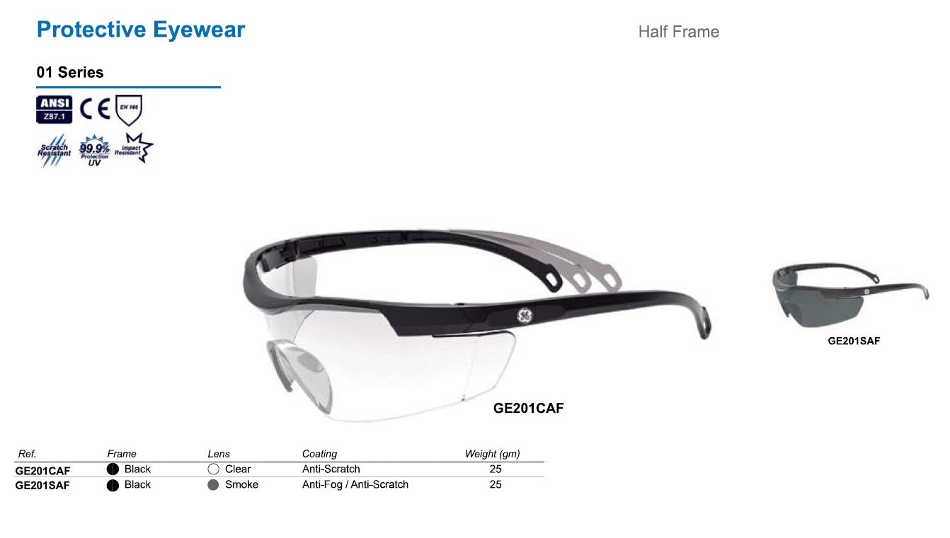 GE PPE - PROTECTIVE EYEWEAR - 01 Series Safety Glasses - #201C Clear or Smoke Lens