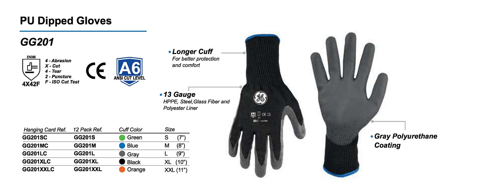 GE PPE - Hand Protection - Cut Resistant General Purpose Polyurethane Dipped Gloves #GG201 - pack of 12