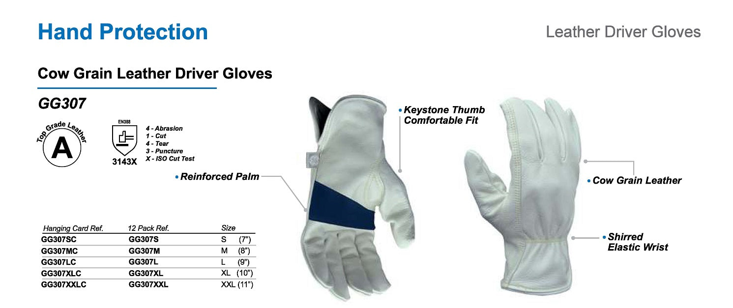GE PPE - #GG307  - Cow Grain Leather Driver Gloves w/Reinforced Palm