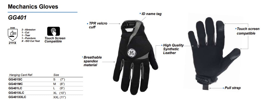 GE PPE  -  #GG401  Mechanics Gloves Hand Protection  - Impact Resistant Gloves w/Velcro Cuff