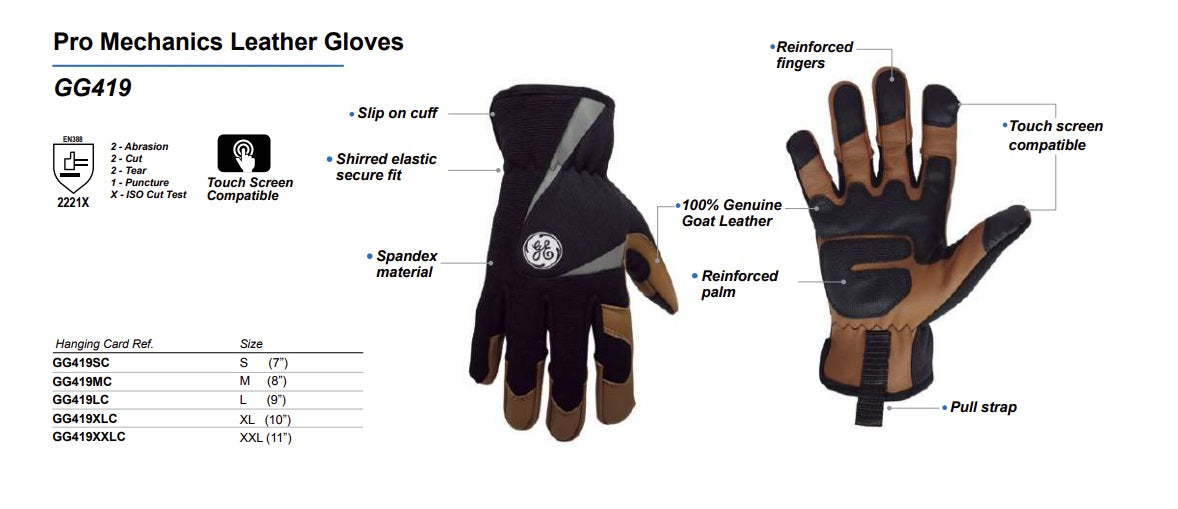 GE PPE  -  #GG419  PRO Mechanics Gloves Hand Protection Genuine Goat Leather- Impact Resistant Gloves