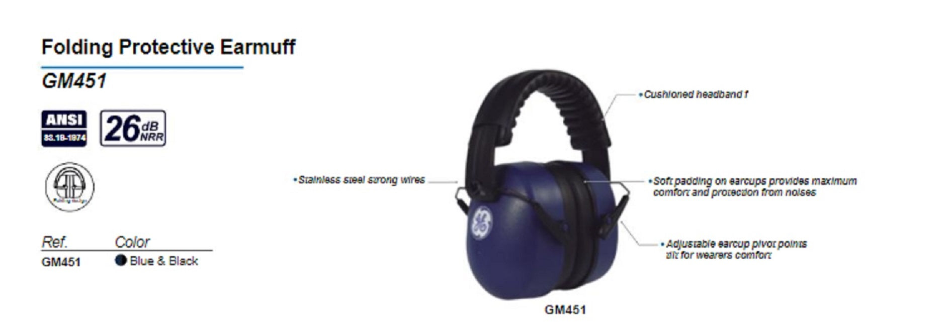 GE PPE - #GM451 Hearing Protection  FOLDING HEADBAND EARMUFF 26NRR