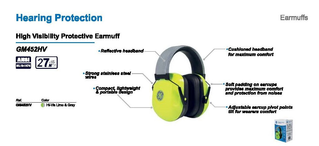 GE PPE - #GM452HV Hearing Protection  High Visibility Protective Earmuff PADDED  27NRR