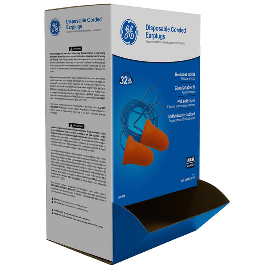 GE PPE - #GP426 - BULLET SHAPED DISPOSABLE EARPLUG WITH CORD 100 PAIRS