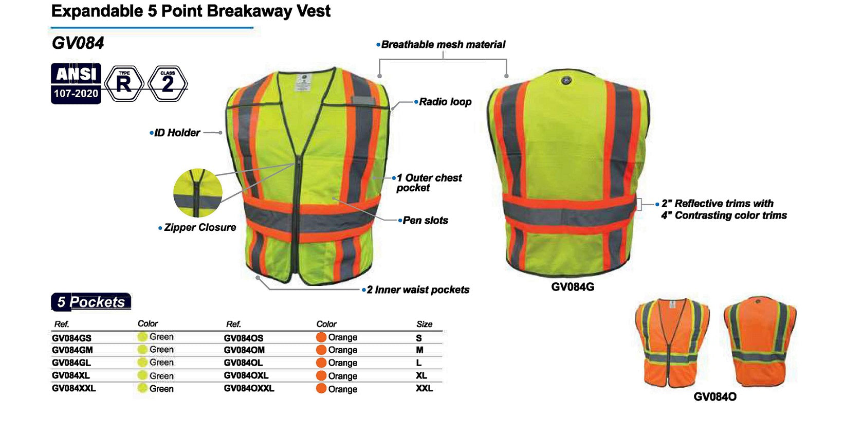 GE PPE - GV084 - 5 POINT BREAKAWAY SAFETY VEST - 3 POCKET