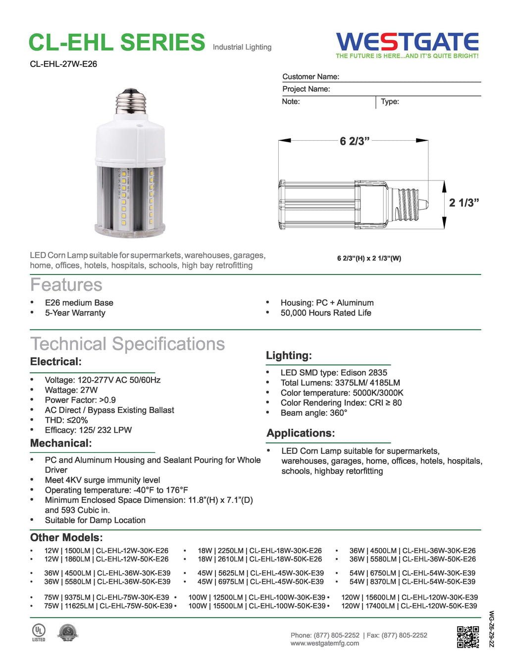 WESTGATE CL-EHL-27W-30K-E26 Corn Style LED Lamp 27W 3000K CCT