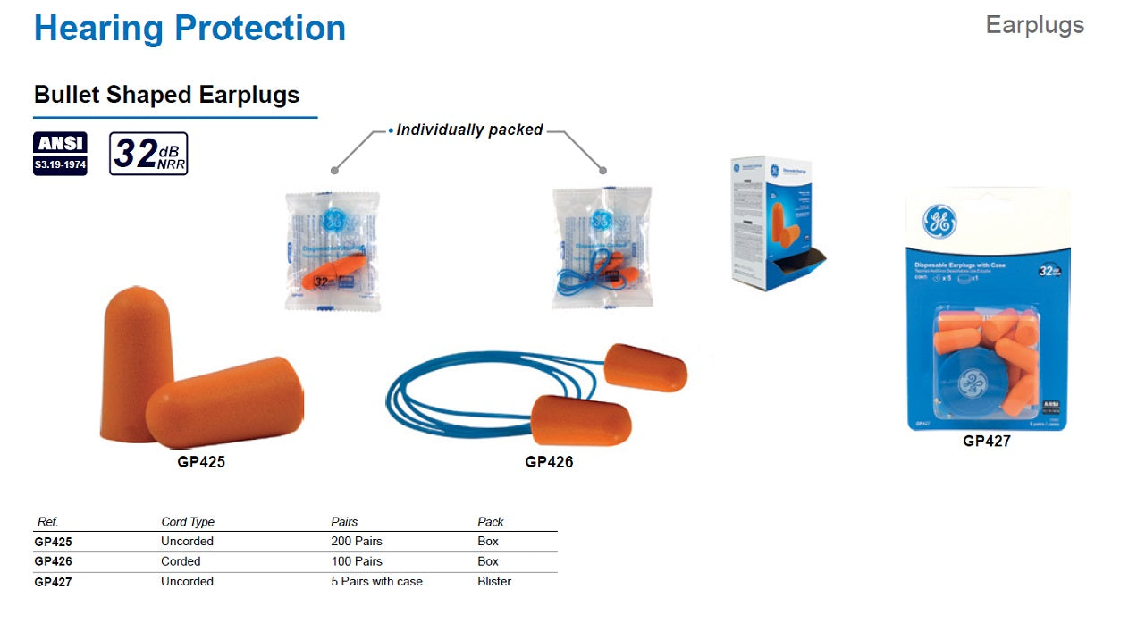 GE PPE  -  #GP426 - BULLET SHAPED DISPOSABLE EARPLUG WITH CORD 100 PAIRS