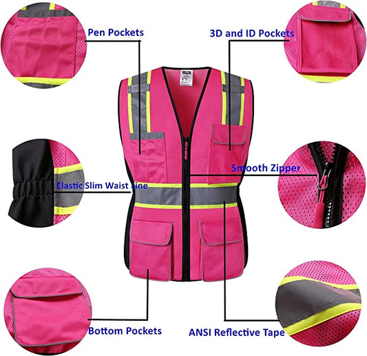 JKWEARSA - Made for the Curvy Girl - Safety Vest, Multi Pockets High Visibility Reflective Breathable Mesh Work Vest with Durable Zipper