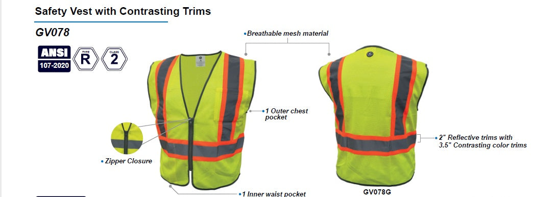 GE PPE - GV078G - SAFETY VEST W/CONTRASTING TRIMS - 2 POCKET